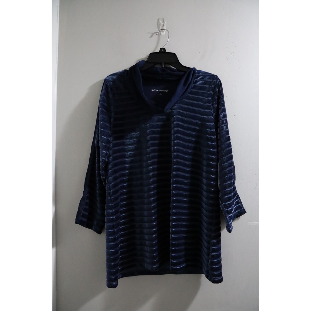 Soft Surroundings Navy Blue Velvet Striped V Neck 3/4 Sleeve Tunic Top XS